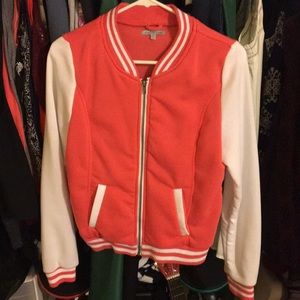 varsity letterman type salmon and white jacket